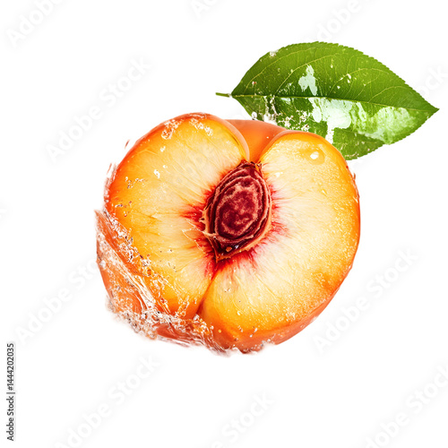 A halved peach with a green leaf on a white background.