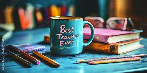 Best Teacher Ever Mug with Books and Pencils on a Desk