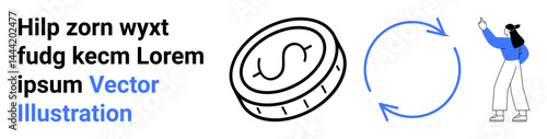 Circular arrows cycle, coin with dollar sign, and woman gesturing towards placeholder text. Ideal for finance, payment systems, economy, investment, exchange, conceptual presentations simple landing