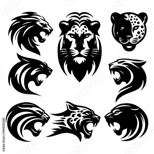 Intricate jaguar head line art with tribal influences, stylized vector template for tattoo parlors and apparel