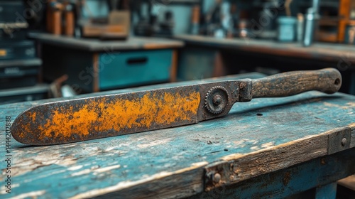 Wallpaper Mural Rusty Vintage Hand Tool on Weathered Workshop Table Torontodigital.ca