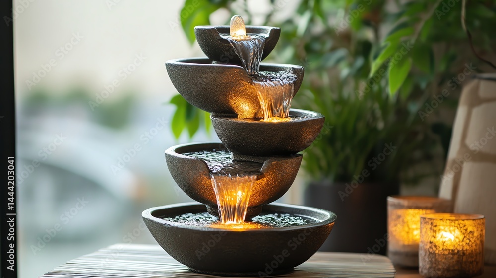 Tabletop water fountain with soothing light and decorative stones.