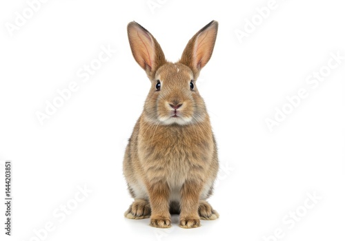 A light brown rabbit sitting upright facing forward on a bright white background in a studio setting
