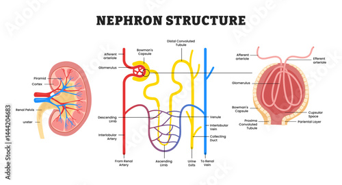 Nephron Structure on Kidney anatomy, educational medical poster design healthcare Core Filtration Unit of the Kidney Showing Glomerulus, Tubules, and Blood Vessels in Urine Formation and Electrolyte.