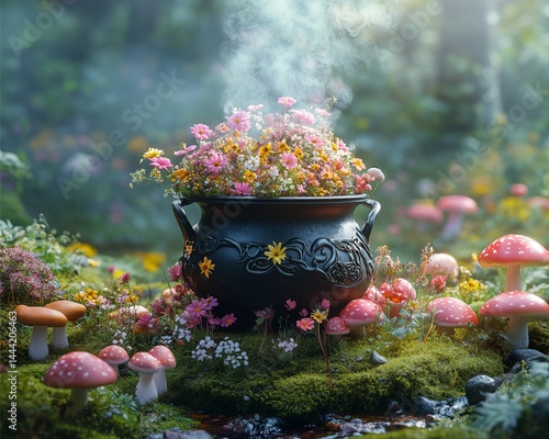 Ostara Witchy cauldron simmering spring potion among moss, wildflowers, and pastel mushrooms 