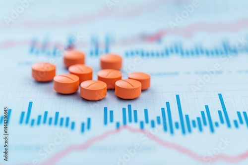 Pharmaceutical Drug Research and Efficacy. Pills on a financial graph representing health and market trends.