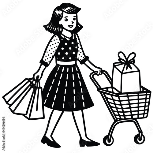 Retro Illustration of a Girl Enjoying Shopping with Cart and Bags