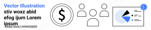 Dollar symbol, group of people, and financial chart showing data distribution. Ideal for finance, teamwork, business planning, data analysis, marketing, economy simple landing page