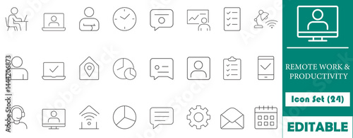 24 icons designed for remote work and productivity, featuring tools, communication, time management, and team collaboration. Perfect for digital workspaces, business, and technology applications.