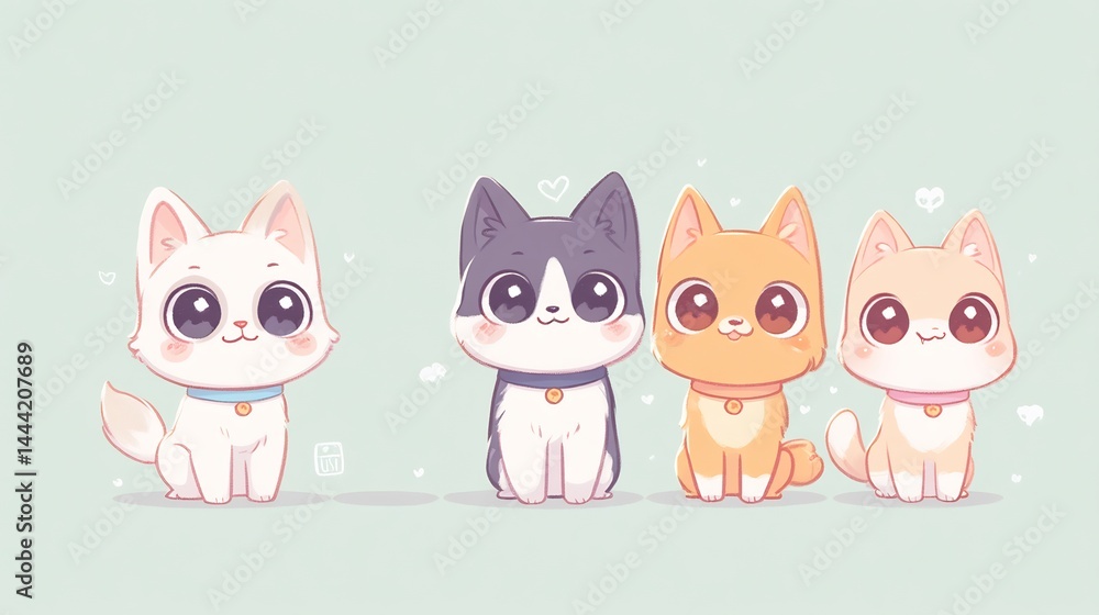 Fototapeta premium Whimsical illustration featuring four adorable cartoon kittens with distinct coat colors