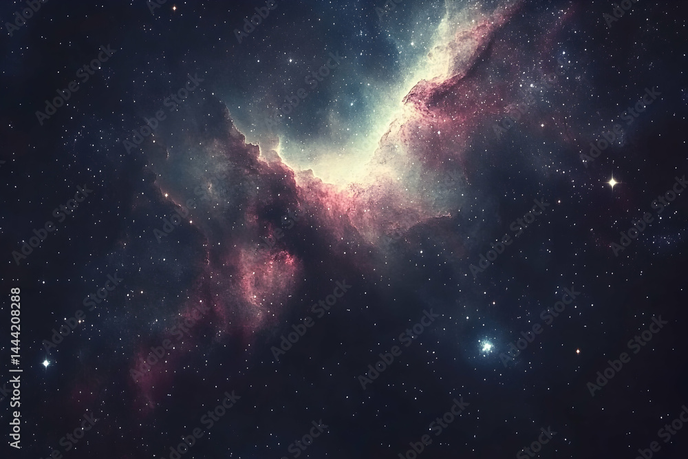 Fototapeta premium Stunning cosmic nebula, vibrant colors, interstellar dust clouds, glittering stars, deep space background. Ideal for astronomy, space exploration, science fiction themes.