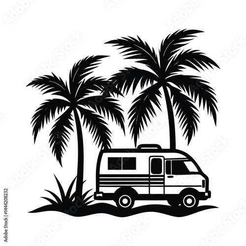 Palm Tree Next to Camper Van Silhouette