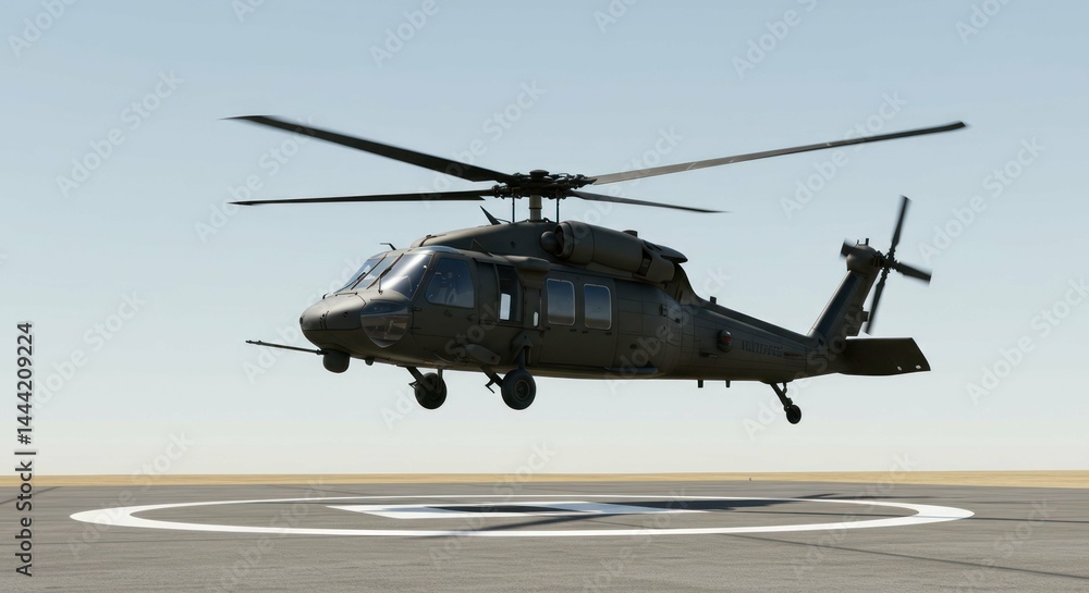 Helicopter hovering before landing on pad, daytime Helicopter hovering before landing on pad, daytime