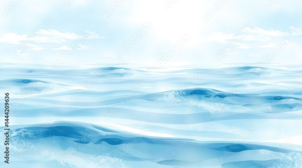 Tranquil ocean waves under bright sunlight with soft clouds, peaceful seascape background, gentle blue sea surface, serene horizon view, minimal sky reflection, and calming natural beauty, 32k image Tranquil ocean waves under bright sunlight with soft clouds, peaceful seascape background, gentle blue sea surface, serene horizon view, minimal sky reflection, and calming natural beauty, 32k image
