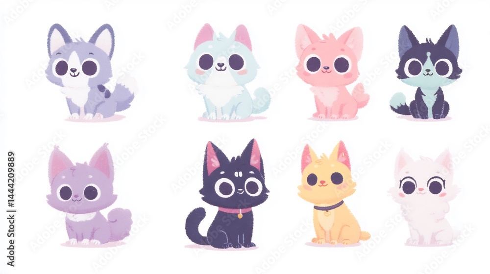 Fototapeta premium Collection of Adorable Cartoon Cats Featuring Soft Pastel Colors and Simplified Shapes