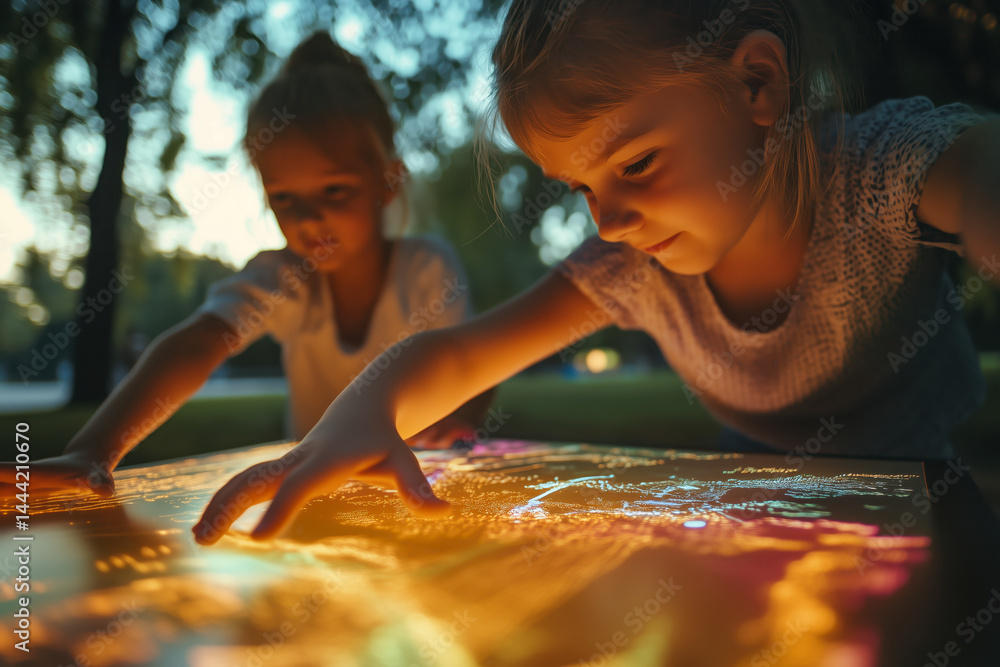 Close-up of children playing with augmented reality in a park