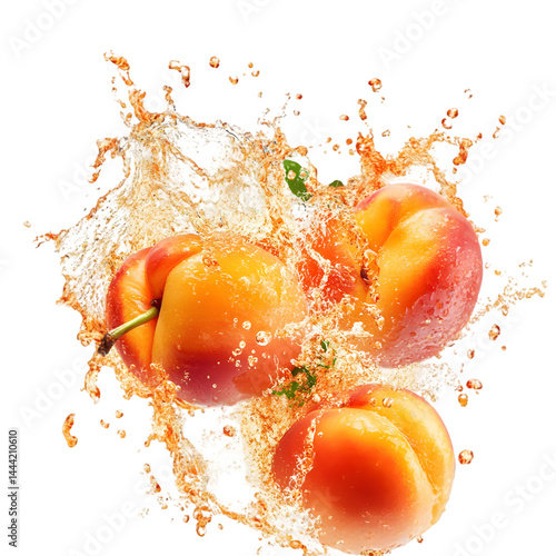 Three peaches in the center, surrounded by a splash of water, creating a dynamic and appealing visual effect.