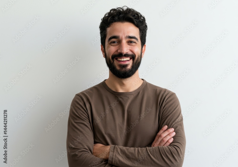 A smiling man with a beard and curly hair stands with his arms crossed against a white background A smiling man with a beard and curly hair stands with his arms crossed against a white background