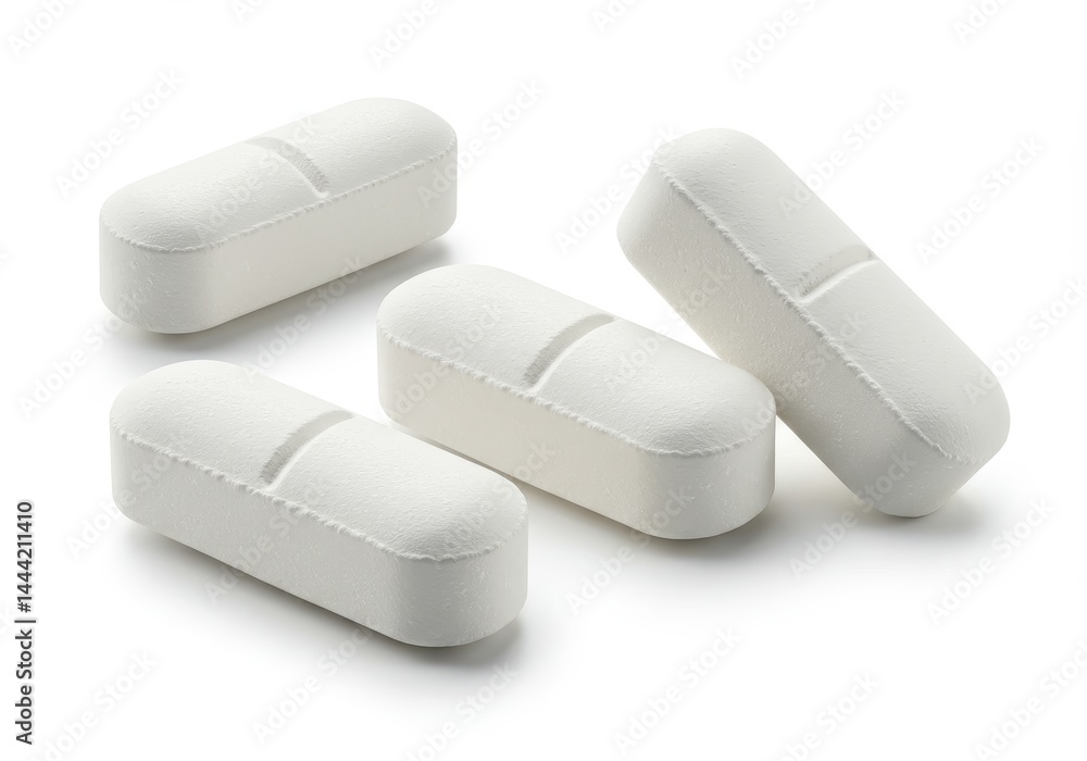 A close up of four white pills with a line in the middle on a white background in a studio shot A close up of four white pills with a line in the middle on a white background in a studio shot