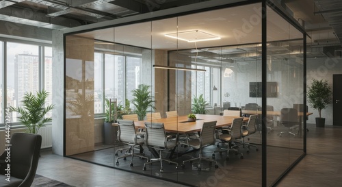 Wallpaper Mural Conference room with glass walls and a large wooden table surrounded by office chairs inside a modern office Torontodigital.ca