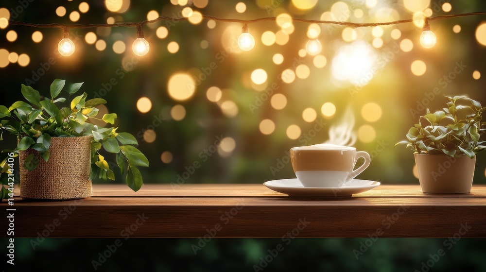 Fototapeta premium A steaming cup of coffee resting on a rustic wooden table outdoors, surrounded by lush potted plants under warm sunset and glowing st lights.