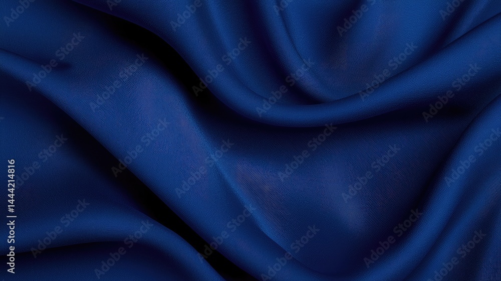 Fototapeta premium Elegant dark blue silk fabric draped in soft waves, creating a luxurious textured background.