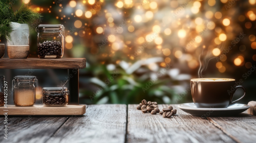 A steaming cup of coffee on a rustic wooden table, surrounded by jars of coffee beans and a beautiful bokeh background of warm lights and greenery A steaming cup of coffee on a rustic wooden table, surrounded by jars of coffee beans and a beautiful bokeh background of warm lights and greenery