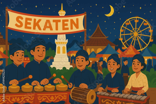 Flat vector of traditional Sekaten festival in Yogyakarta with gamelan music and cultural parade