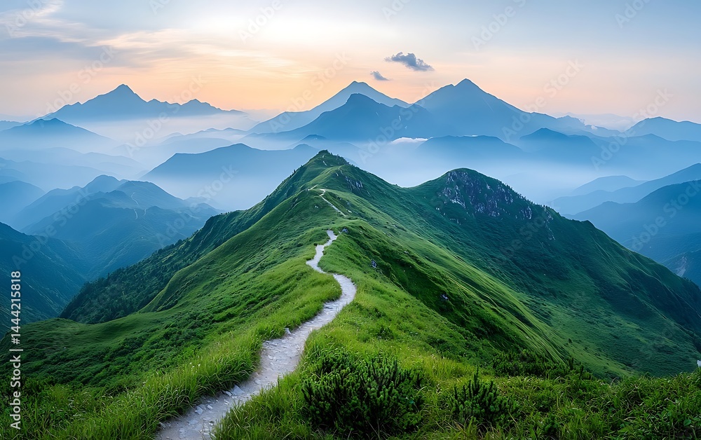 Fototapeta premium Serene mountain trail at sunrise. Lush green hills, winding path through peaks