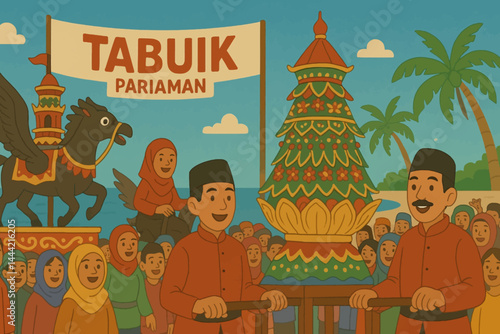 Flat vector of Tabuik festival in West Sumatra with giant decorated effigies