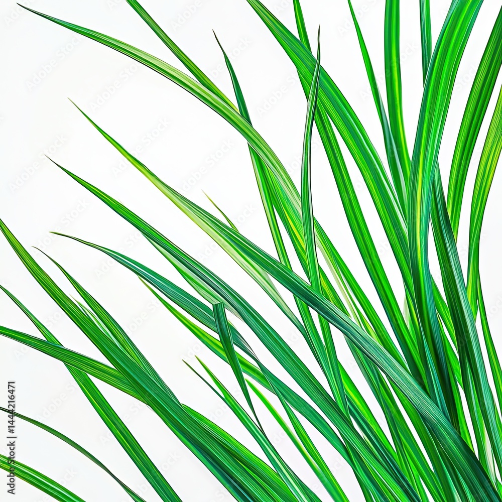 Naklejka premium Fresh chives leaves vibrant green aromatic herb close-up white background culinary ingredient organic glossy texture botanical detail studio lighting high resolution stock photography
