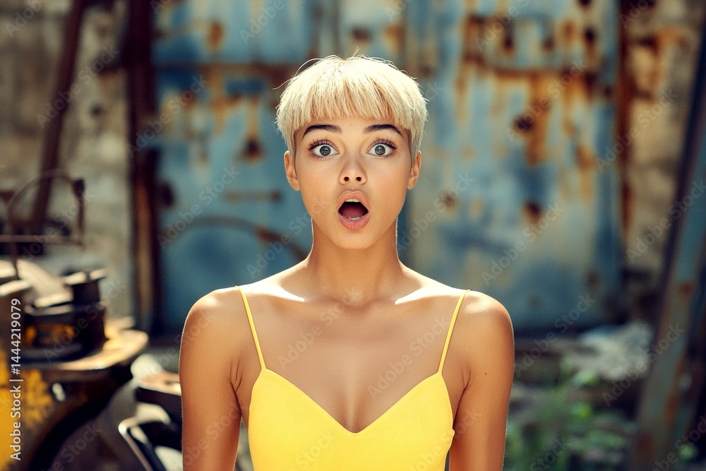 Naklejka premium Short trim - blond hair. Lovely very astonished mixed-race girl - for ads, magazine ad and social platforms use. Commercial digital ads concept depiction art. African american haircuts.