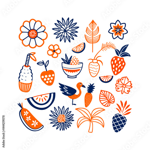 Tropical Fruit and Floral Doodles with Bird Illustration