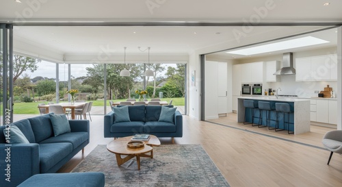 Wallpaper Mural Open concept living space with blue sofas and kitchen island in a modern designed home interior Torontodigital.ca