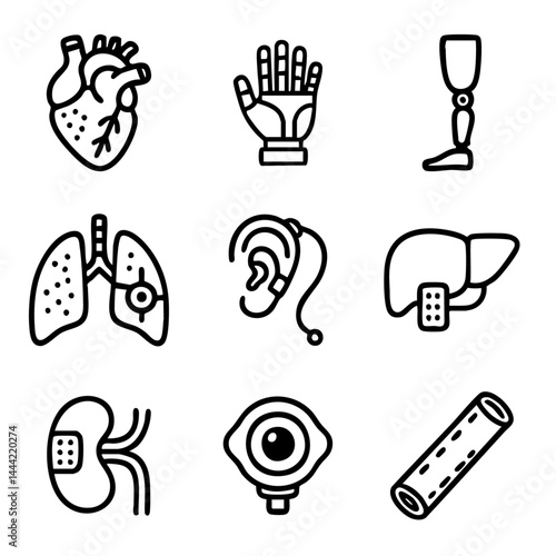 A cute doodle vector icon set artificial human organs and prosthetic devices, ideal for medical, healthcare, and anatomy-related designs