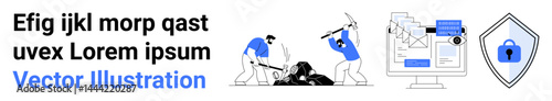 Two figures hacking a computer, shield with lock icon for security, desktop with files. Ideal for cybersecurity, hacking, data protection, digital safety, IT services, online privacy flat landing