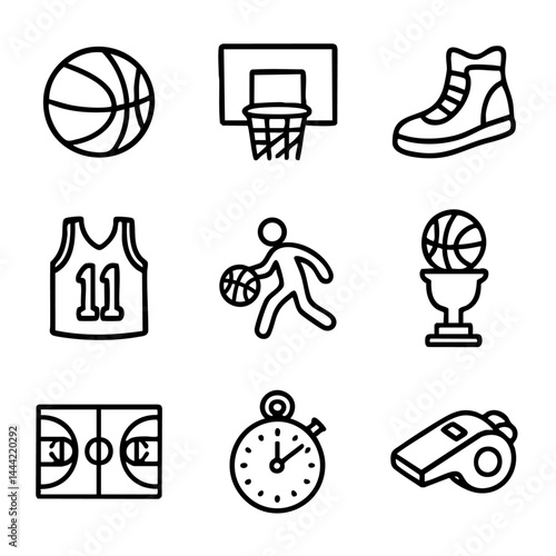Set of cute doodle style basketball icons including ball, jersey, hoop, stopwatch, trophy, and court for vector use