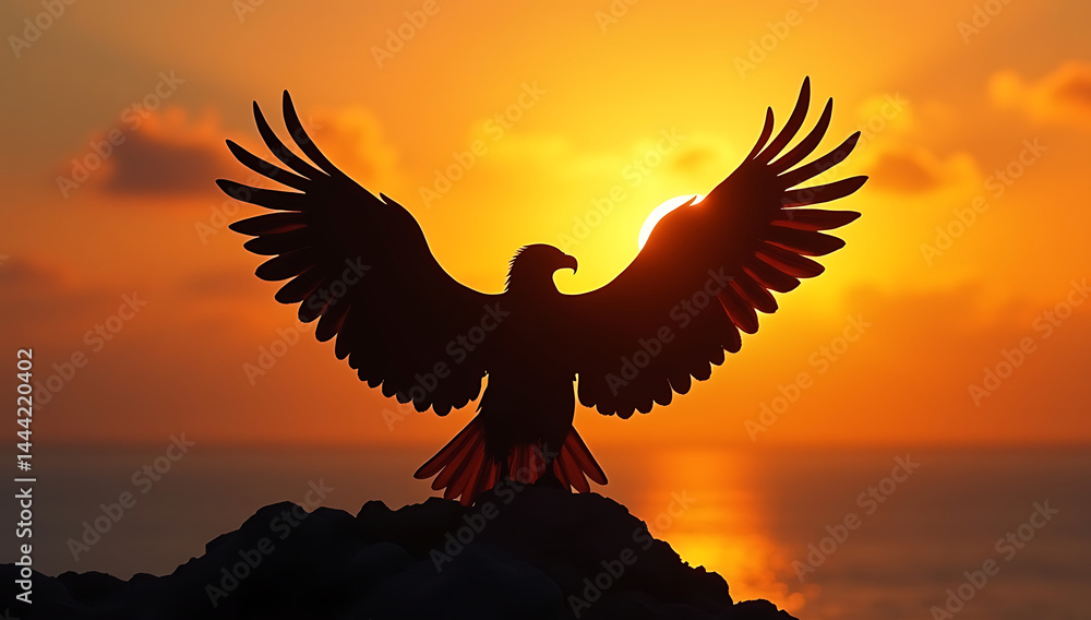 Obraz premium The eagle silhouette spreads its wings at sunset.