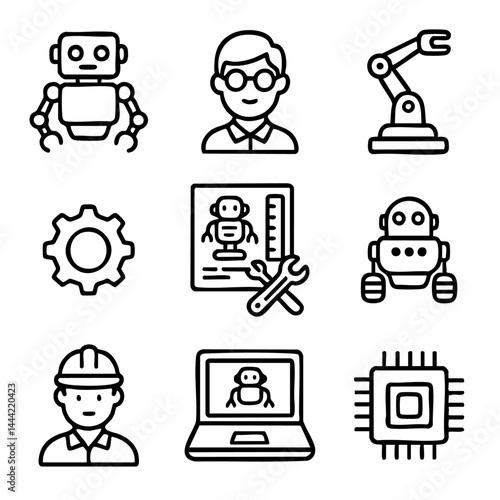 A collection of doodle line icons illustrating robotics, automation, engineering, robot design, development tools, and artificial intelligence concepts
