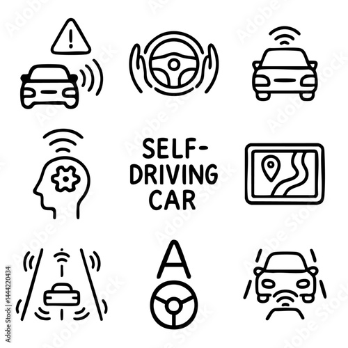 A collection of doodle line icons representing self-driving cars, autonomous vehicle systems, AI driving, sensors, navigation, and safety alerts
