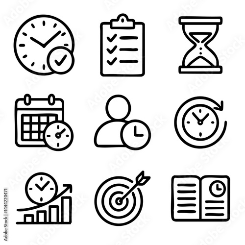 A collection of doodle line icons illustrating time tracking, scheduling, goals, planning, deadlines, productivity, and personal time management tools