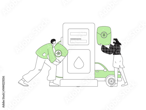 Vector Internet operation hand-drawn illustration of people getting discounts for refueling their cars

