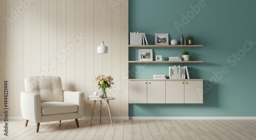 A living room with an armchair, table with flowers, and shelves against a two toned wall