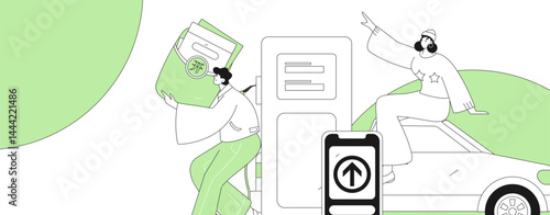 Vector Internet operation hand-drawn illustration of people getting discounts for refueling their cars

