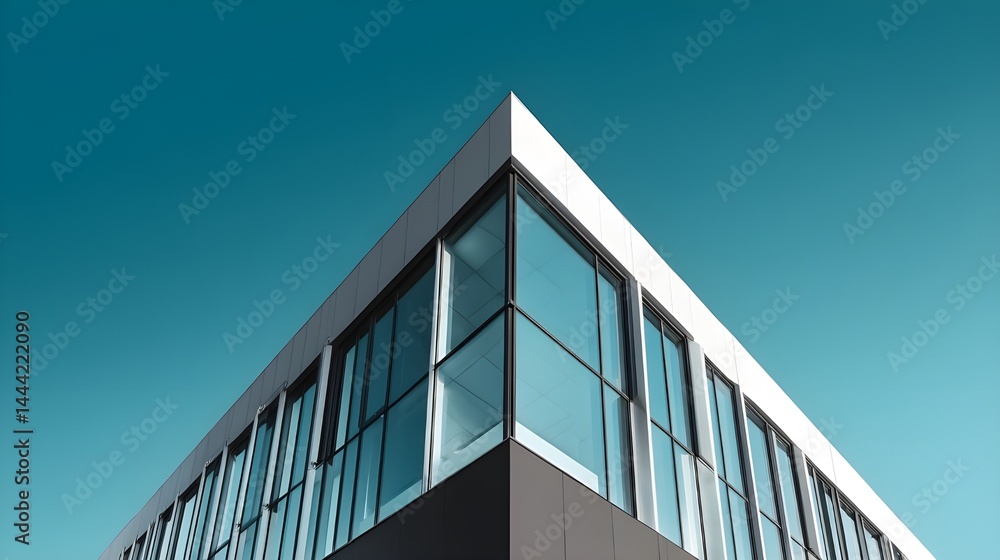 Fototapeta premium Modern minimalist office building with glass facade and sharp angles under clear blue sky