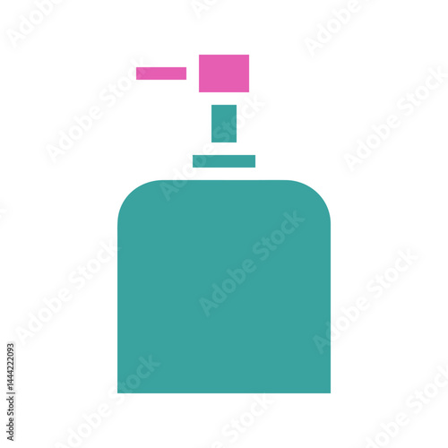 Teal and magenta dispensing bottle icon with simplified rectangular forms