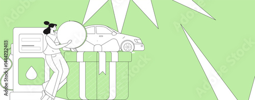 Vector Internet operation hand-drawn illustration of people getting discounts for refueling their cars
