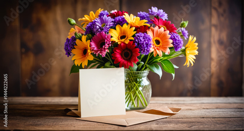 Wallpaper Mural Cheerful Flower Bouquet with Blank Greeting Card and Gift on Rustic Wooden Table Torontodigital.ca