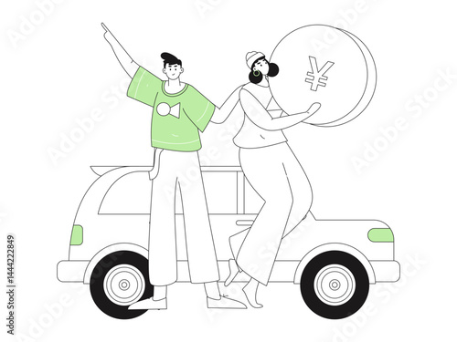 Vector Internet operation hand-drawn illustration of people getting discounts for refueling their cars
