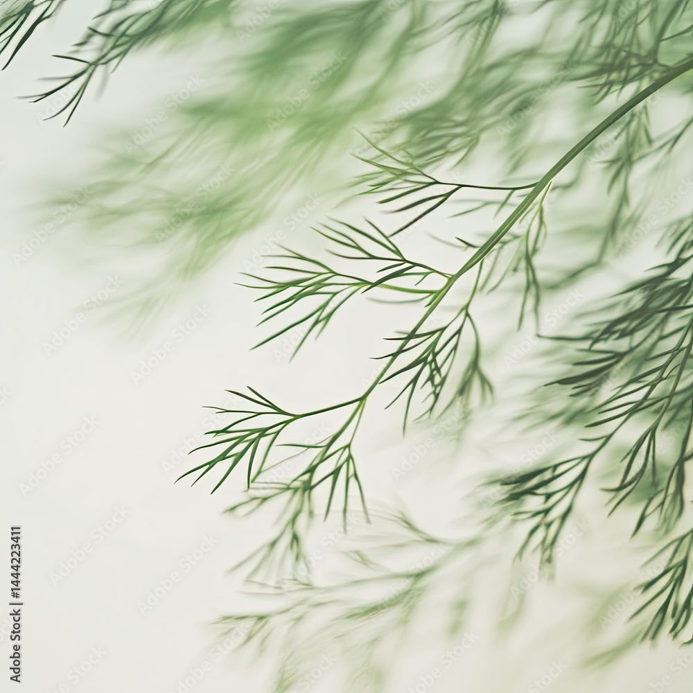 Fototapeta premium Fresh dill leaves vibrant green aromatic herb close-up white background culinary ingredient organic glossy texture botanical detail studio lighting high resolution stock photography
